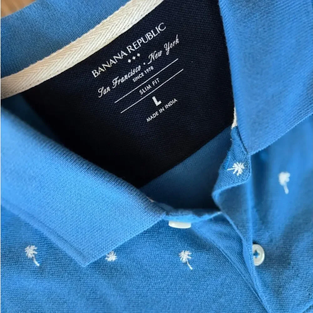 Banana Republic Factory Slim Fit Blue Palm Tree Polo Shirt Sz L